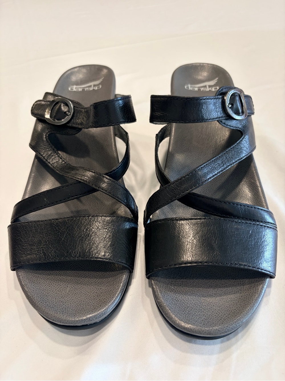 Dansko Ana Black Glazed Leather Asymmetric Wedge Sandals Size 41 (US 10.5-11)